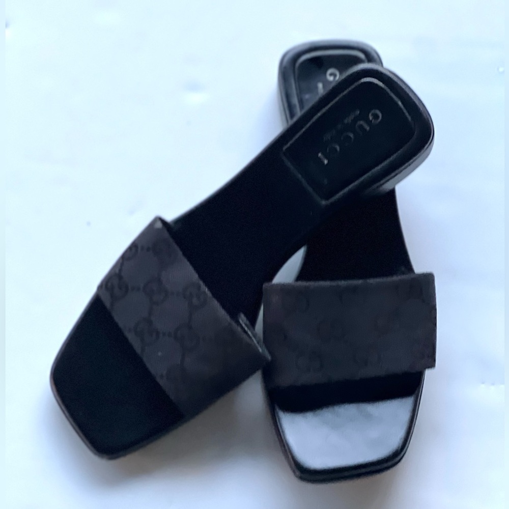 Gucci Canvas Monogram Mules: Stylish Slip-Ons with Real Wood Sole - Size 8